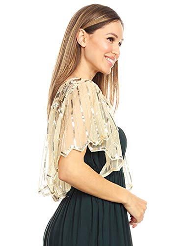 Anna-Kaci Women's 1920s Shawl Evening Cape Sparkly Sequin Deco Paisley Flapper Bolero, Beige, One Size - Thumbnail 3
