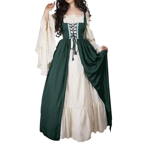 Robes Renaissance pour femmes, costume médiéval rétro, d'Halloween, robes longues à épaules dénudées avec manches évasées, tenue victorienne, vert foncé, M