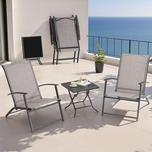 3 Piece Folding Chairs Set of 2 with Side Table, No Assembly Chai...