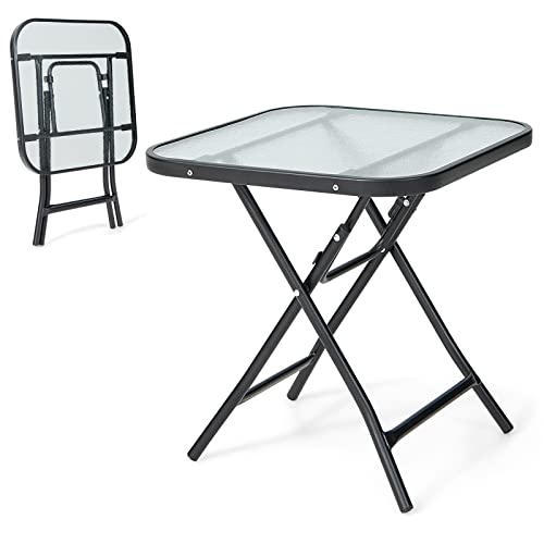 GOPLUS Beistelltisch Garten, 46,5 x 46,5 cm Gartentisch klappbar aus Metall und gehärtetem Glas, Balkontisch klein wetterfest, Bistrotisch...
