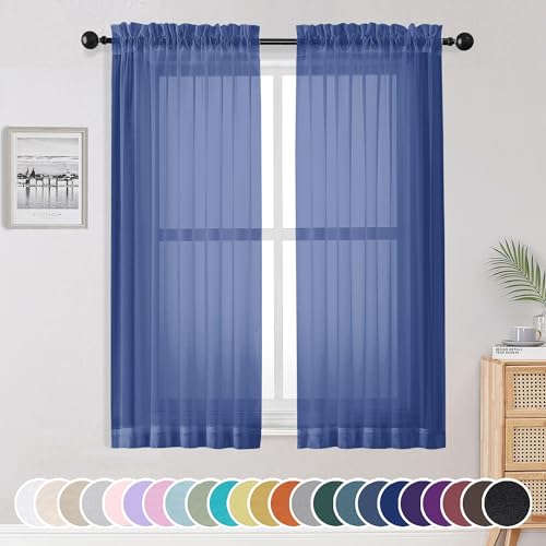 Image of OWENIE Sheer Curtains 63 Inch Length 2 Panels Set, Light Weight Soft Solid Fimly Sheer Curtains for Bedroom Living Room, Light Filtering Airy Voile Sheer Curtain, Royal Blue, 42Wx63L Inch