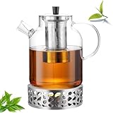  Théière en verre borosilicate de 1,8 l, avec tamis, réchaud et couvercle, passe au lave-vaisselle, pour thé en vrac, sachets de thé, thé aux fruits, garde au chaud pendant longtemps (1800 ml, passe au