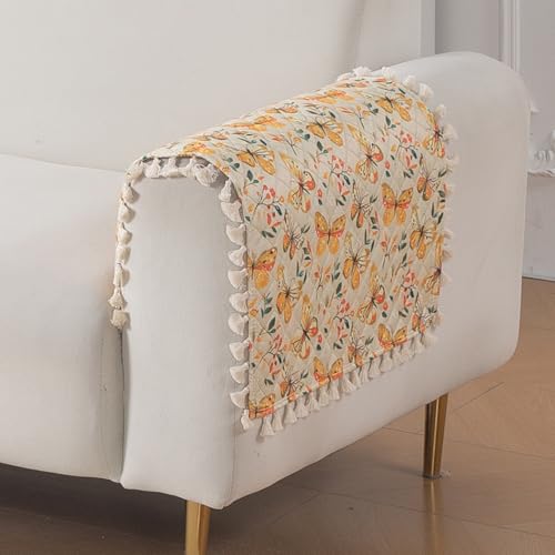 Image of HOKIPO Sunlit Butterfly Quilted Sofa Armrest Cover - 1 Pair | 'Tassel Twigs' Series (IN-987-T3*2)