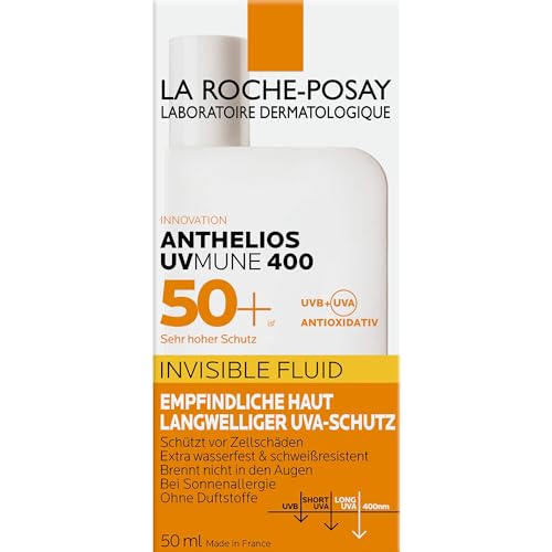 La Roche Posay Sonnenfluid für das Gesicht für zu Sonnenallergie neigende und empfindliche Haut, Mit innovativem UV-Filter Mexoryl 400 LSF 50+, Anthelios Invisible Fluid UVMune 400, 50 ml
