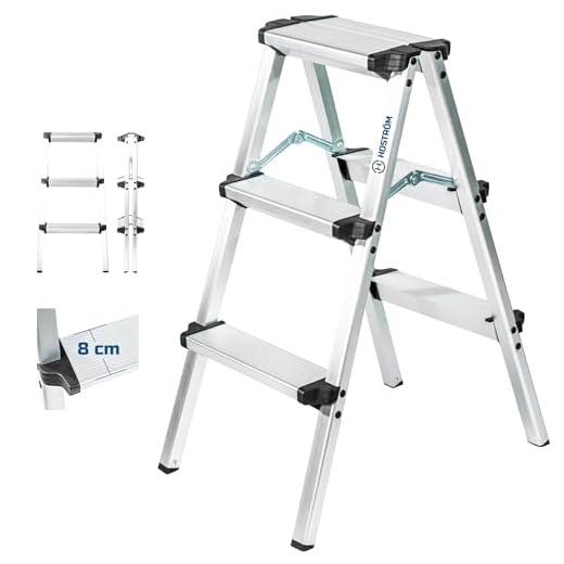 Escabeau marche pied 3 marches HOMILIX3, petit escabeau pliable, aluminium, design compact et robuste, H max travail 2,34m, 5 ans garantie, Hostrom