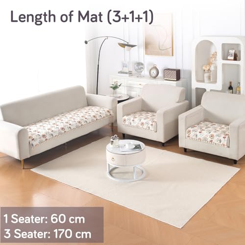 Image of HOKIPO Wildflower Breeze Quilted Sofa Cover 5 Seater Set - Washable 3+1+1 Sofa Cover Mat with Tassel Design | 'Tassel Twigs' Series (IN-985-T7 + IN-982-T7*2)