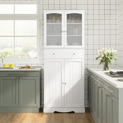 71 White Pantry Cabinet with Glass Doors and Drawer for Kitchen, Dining Room, or Bathroom
