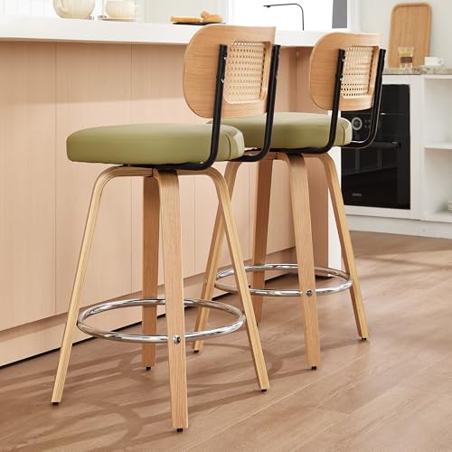 Image of Rattan Bar Stools Set of 2,Upholstered PU Leather, 26'' Counter Height Barstools with Back and Wood Legs,360Swivel,Mid-Century Modern Bar Stool for Kitchen Island Dining Room and Bar(Grass Green)