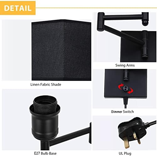 Lightess Swing Arm Wall Lamp Dimmable Wall Lights with Switch Wall Sconce Plug in Black Linen Fabric Lampshade E27 Base Bedside Light Indoor for Living Room Bedroom Kitchen Dining Room Loft (Set of 2)
