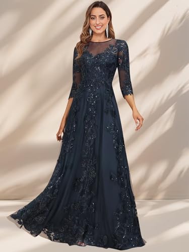 Women's Lace Appliques Mother of The Bride Dresses with 3/4 Sleeves Scoop Neck Beaded Formal Evening Gown2