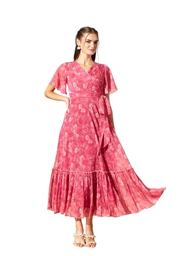 Image of Miss Chase Women's Floral V-Neck Flutter Sleeve Wrap Chiffon Maxi Dress