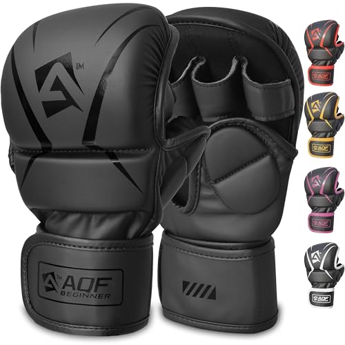 AQF Guantillas MMA, Diseño Palma Abierta Guantes Boxeo, Soporte Mejorado Muñeca, Acolchado Amortiguador, Ligeros Guantes MMA, Guantes Muay Thai para Entrenamiento, Kickboxing Y Karate (Negro, L-XL)