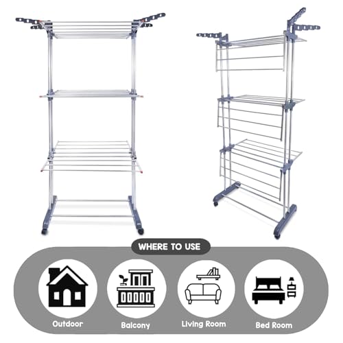 Image of Clothes Drying Stand Foldable Stainless Steel for Home, Heavy Duty Cloth Dryer Stand for Balcony, Laundry Drying Rack for Clothes, Rust Proof Indoor Outdoor Drying Stand, 42x15x68 cm
