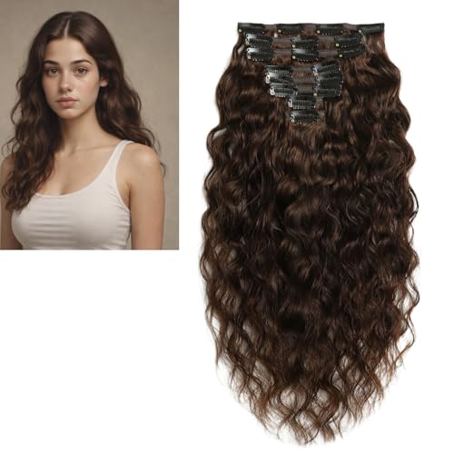 LARAFONA Extensiones de clip de pelo rizado largo de alta calidad, color marrón medio 4#, 100% Remy onda natural, trenzado con clips, 35 cm/14 pulgadas