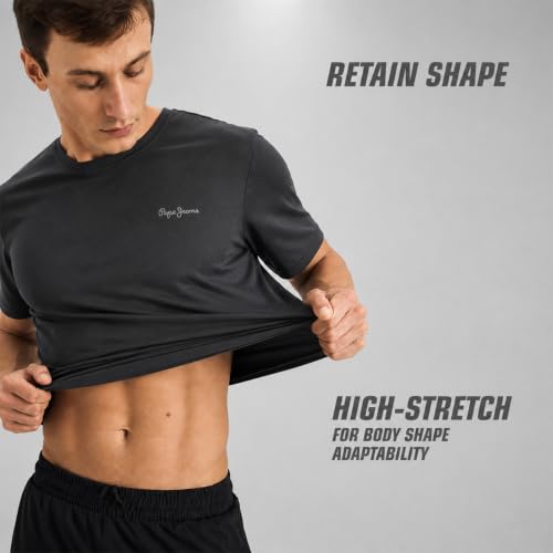 Image of Pepe Jeans Men's Solid Polyester Regular Fit T-Shirt | Lightweight Quick-Dry Athleisure Tee for Sports, Gym & Casual Wear | Moisture-Wicking Fabric | Round Neck | Short Sleeves | Active Comfort