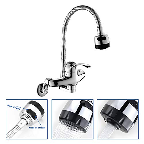 Wall Mount Faucet Kitchen 6 Inch Center with Sprayer Polished Chrome Commercial Single Handle Mixer Tap