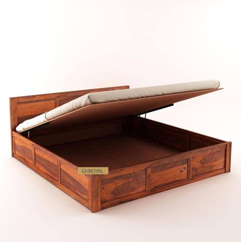 Image of Solid Sheesham Wood King Size Bed with Hydraulic Storage | Wooden Double Bed Cot Bed Furniture for Bedroom Living Room and Home (Honey Finish) - 1 Year Warranty