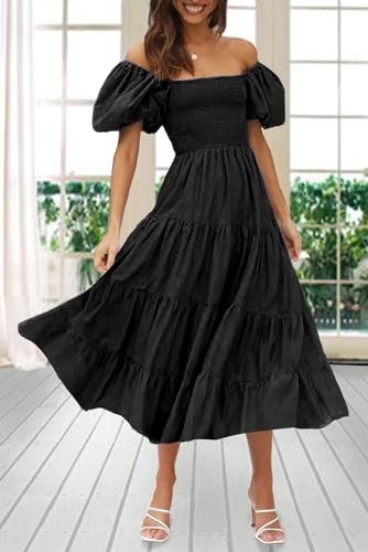 GOLDSTITCH Women's Smocked Maxi Dress Square Neck Ruffle Hem Puffy Short Sleeve Flowy Midi Dress2