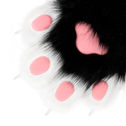 hbbhml Kunstpelz Plüsch pelzige Katze Kralle Handschuhe Fursuit Tier Fuchs Pfoten Fäustlinge Halloween Kostüm Zubehör für Erwachsene