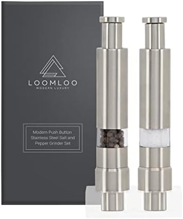 Modern Stainless Steel Push Button Salt and Pepper Grinder Set With Acrylic Stand by Loomloo Modern Luxury; Salt Shaker & Grinder for Spice- Black Pepper and Sea Salt