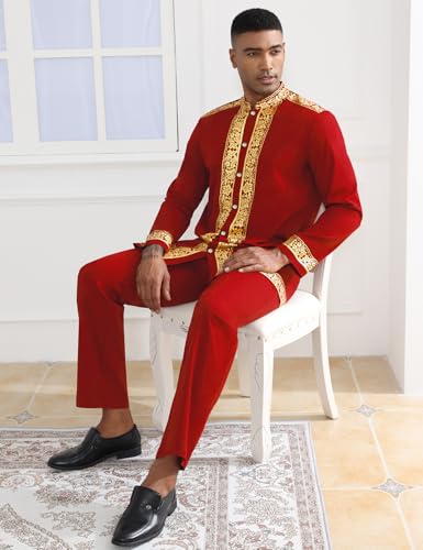 Mens African 2 Piece Set Nigerian Dashiki Metallic Traditional Suit Gold Stamp Printed Shirt and Pants Outfit