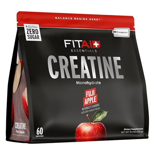FITAID Essentials Creatine Powder Fuji Apple CreaPure Creatine Monohydrate ATP Production for Weightlifting Running Naturally Flavored Smooth-Mixing Easy on Stomach Resealable 60 Servings
