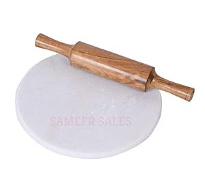 SAMEER SALES Indian White Marble Roti Maker 11inch With Wooden Belan/White Marble Chakla 11 Inch Diameter With Belan (White Marble Chakla With Belan)