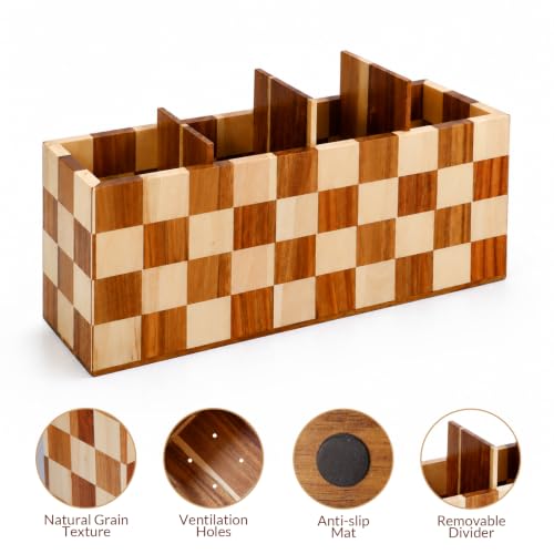 Image of Large Kitchen Utensils Holder 4 Compartments with Checkered Design,Corner Utensil Caddy for Countertop,Acacia Wooden Mixed With Poplar Wood Utensil Organizer for Kitchen Countertop, Farmhouse Decor