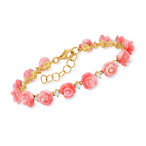 Ross-Simons Pink Coral and 1.30 ct. t.w. White Topaz Rose Bracelet in 18kt Gold Over Sterling