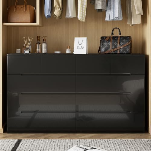 Image of 10 Drawer Black Dresser for Bedroom, 55 inch Long Dresser Chest of Drawers,Large High Gloss Modern Storage Cabinet with Big Drawers Handle Free,Living Room, Entryway, Hallway