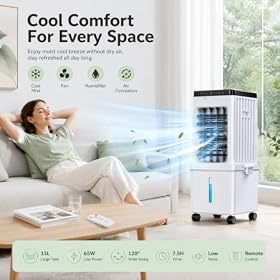 Buy 4-in-1 Portable Air Cooler Fan with Evaporative Cooling, Humidifying, 3 Wind Modes, 120° Oscillation, 15L Tank & Remote Control for Bedroom, Living Room, Office – generic