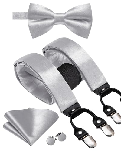 Image of Dubulle Suspender and Bow Tie for Men Paisley Solid Mens Suit Braces Pretied Bowtie and Handkerchief Cufflinks Formal Wedding