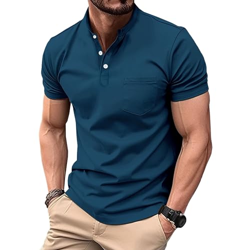 Men Stand Collar Slim Pocket T-Shirt Classic Button Short Sleeve Solid Tops Summer Cozy Breathable Sport Shirt (Blue,Large)