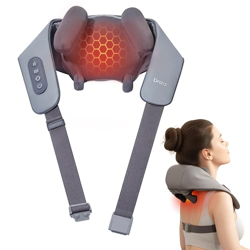 Breo N5 Mini Neck Massager with Heat, 5D Kneading Shiatsu for Neck and Shoulder Massager for Pain Relief deep Tissue,Hands-Free Strap,Cordless Massager for Office Home Car Travel, Grey.