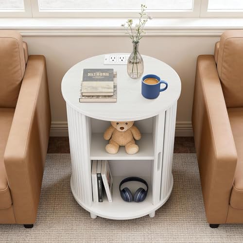 Image of DHH Round End Table with Storage & Charging Station, Fluted Accent Side Table with Sliding Door & Adjustable Shelf, Mid-Century Nightstand for Small Spaces, Living Room, Bedroom(Grayish White)