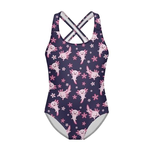 Image of Girls One Piece Swimsuit Axolotl Cross Back Straps Bathing Suit Lightweight Quick Dry Gymnastics Leotard