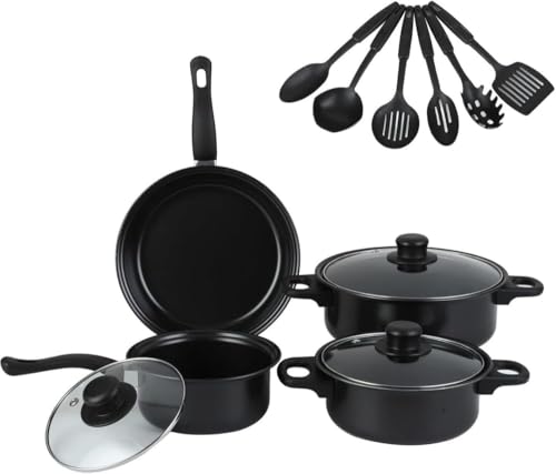 Dmendフライパンセット、IH対応、13点セット。焦げ付きにくくお手入れ簡単、取り付け不要ですぐに使えます。透明なガラス蓋で鍋の中の食材が見えます。各種フライ返しとスプーンも付属。パン作り、スープ作り、揚げ物など、様々なシーンで活躍します。