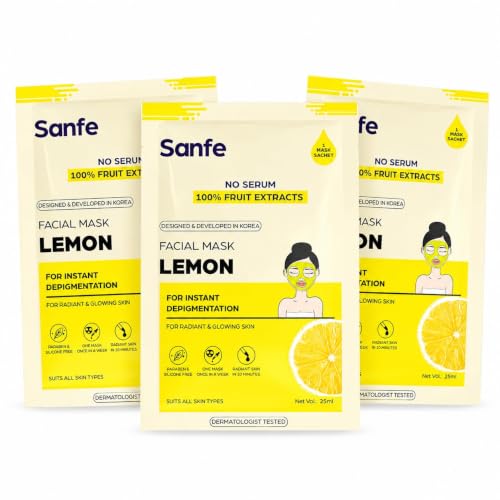 Image of Sanfe Face Sheet Mask Shade- Lemon | Brightening & Hydrating Care for Dull Skin | Oil Control Formula for Oily-Skin| Reduces Pigmentation | 25ml | Pack of 3