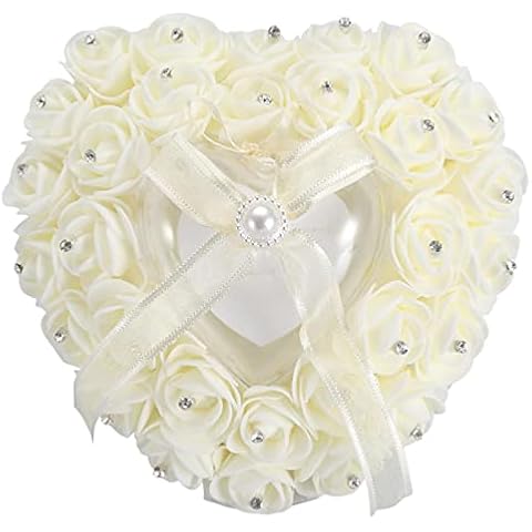 Alvinlite Wedding Ring Pillow, Romantic Heart-Shaped Wedding Ring Box Rose Rhinestone Decoration Ring Pillow Cushion Heart-Shaped Ring Pillow(Beige) Cover