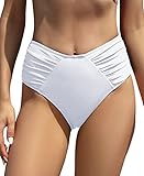 SHEKINI Damen High Waist Bauchweg Bikinihose Ruched Badehose Bikini Unterteil Schnelltrocknende Abdominal Kontrolle Strandslip (Weiß-2, L)