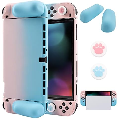 Cybcamo Case for Nintendo Switch OLED Model 2021 Release, Ergonomic Magnet Grip for Switch Oled Grip, with 2 Cat Claw Thumb Caps-Pink&Blue Cover