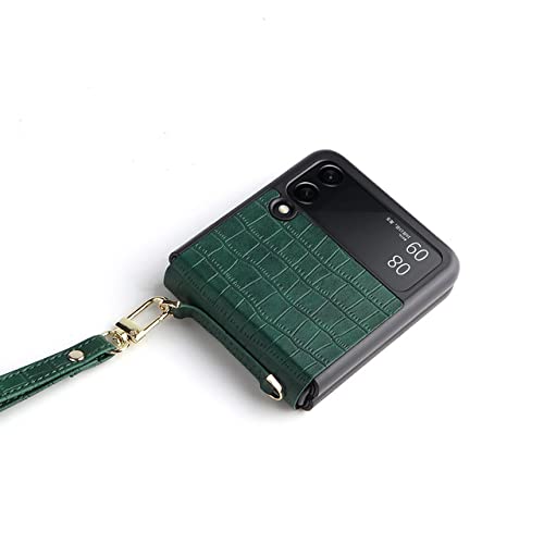 Coque Samsung Galaxy Z Flip 3 5G antichoc en cuir PU vert avec dragonne de protection