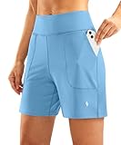SANTINY Pantalones cortos atléticos largos de 6 pulgadas para mujer con 4 bolsillos de cintura alta, bermudas para mujer para caminar, correr, casual, Azul claro, XXL