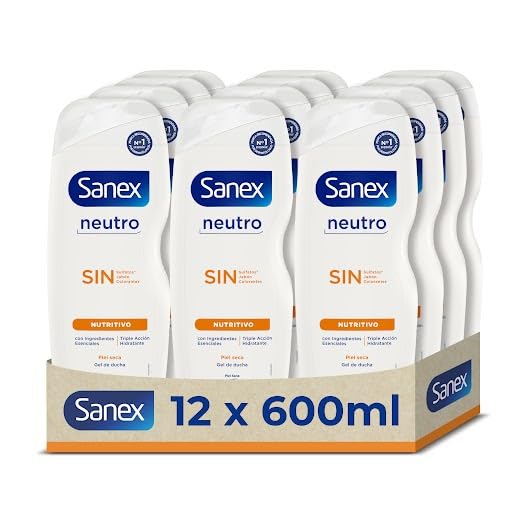Sanex Gel de Ducha Neutro Nutritivo 600 ml, Pack 12, ingredientes esenciales, 0% sulfatos*, 0% jabón y 0% colorantes, gel de ducha para piel seca, hidratación duradera, tecnología triple acción