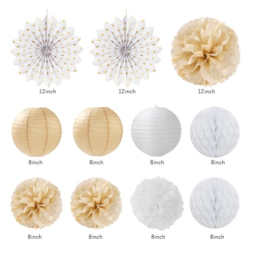 Image of White Champagne Gold Boho Bachelorette Party-Decorations - 21pcs Women Bridal Shower Banner Garland,Bride To Be Paper Streamers Lanterns,Flower Tissue Pom Poms Fan Favors Wedding Decor Huglony