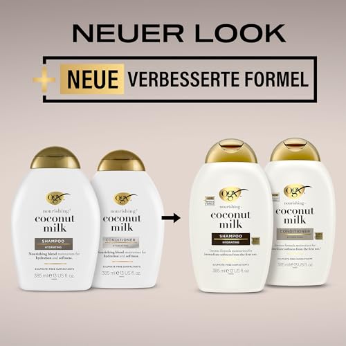 OGX Coconut Milk Shampoo 385 ml, feuchtigkeitsspendendes Haarshampoo mit Rizinusöl und Kokosöl für geschmeidiges, glattes und glänzendes Haar mit LipiPro Shield Technologie