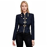Hybrid & Company Women's Fashion Military Crop Premium Ultra Stretch Gold/Sliver Millennium Zipper Up Dressy Blazer Jacket KJK1125 Navy Medium