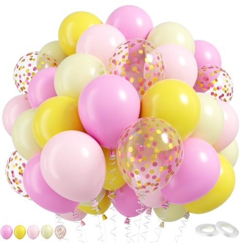 Image of Pink and Yellow Balloons, 60 Pcs 12 Inch Light Pink Hot Pink Yellow Ivory Balloons with Pink Gold Confetti for Birthday Baby Shower Graduation Decorations