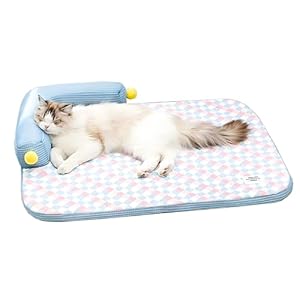 Summer Cooling Cat Bed-Cooling Cat Mat with 4.33inch Pillow for Kittens & Cats, Machine-Washable Cushion Calming Bed for Persian, Siamese, Small Pets(Blue, Large-25″x19″x4″)
