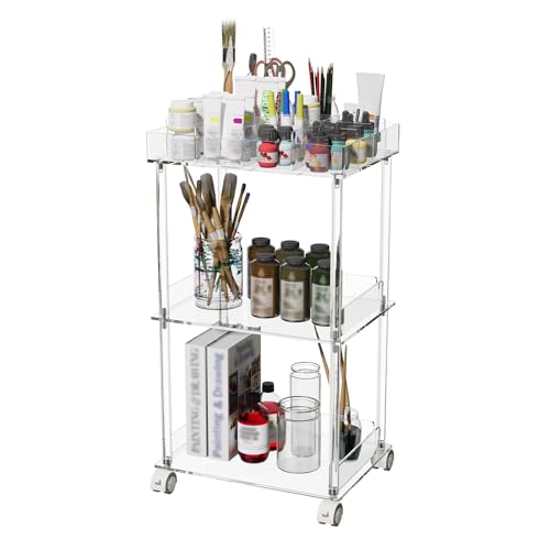 Eglaf Acrylic Craft Cart - 3-Tier Art Organizer Cart - Rolling Craft Storage Cart with Lockable Wheels Versatile Paint Brush Holder & Paint Organizer - 15.6 L x 11.6 W x 29.1 H